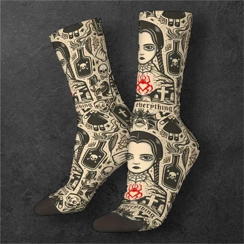 🆕 Pair Of Harajuku Vintage Style Wednesday Addams Crew Socks - Streetwear